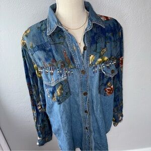 Vintage Bead Saint Germain Paris Embellished Floral Denim Button-Up Shirt Medium